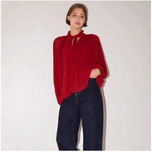 Women's Zara Red Blouse with Tie Neck and Voluminous Sleeves S